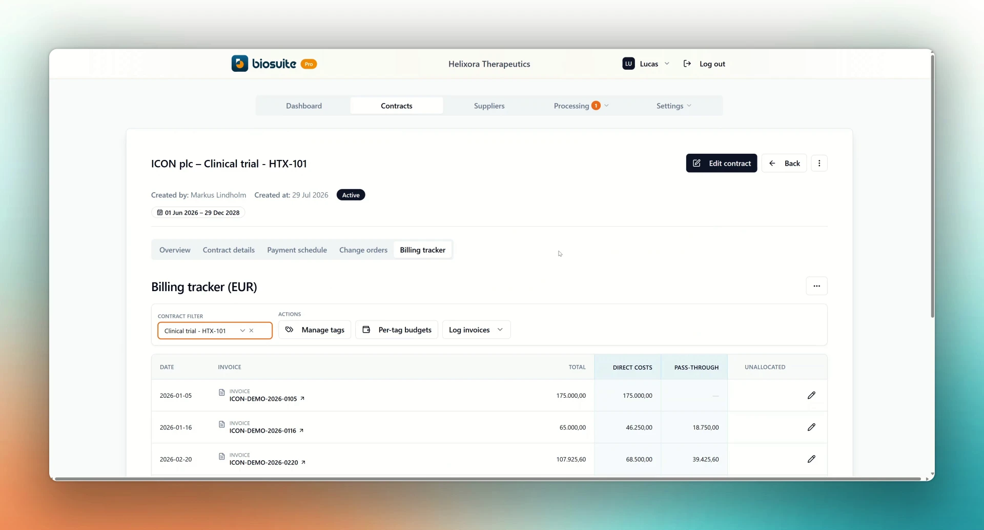 biosuite Contract Billing Tracker showing invoice spend categories and allocations